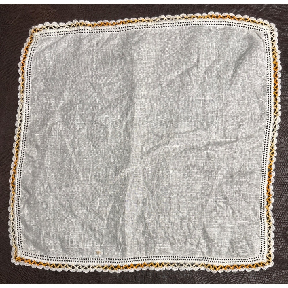 VTG Victorian‎ Handkerchief Crochet Trim White Yellow/Orange 11.5" Square Cotton
